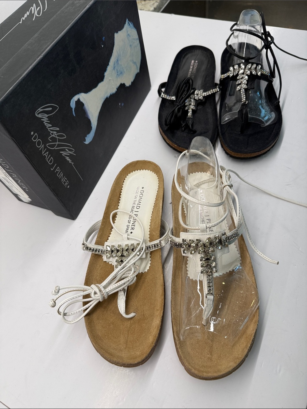 Donald J. Pliner leather White and Black Crystal T-Strap Thong Sandals